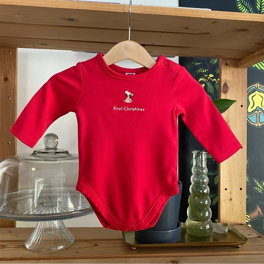 Janie and Jack Red Baby’s First Christmas Dog Embroidered Onesie